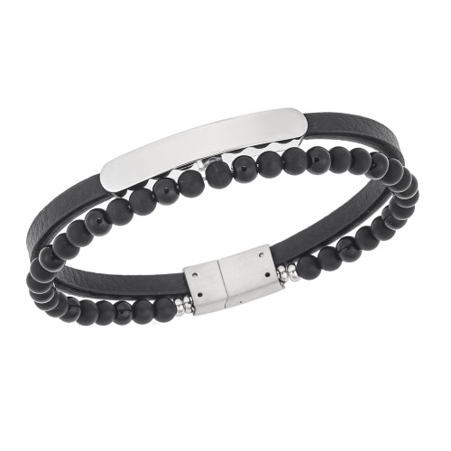 Βραχιόλι διπλό Senza Men's Steel, Black Leather Strap, με ασημί ταυτότητα - SSD5833SR