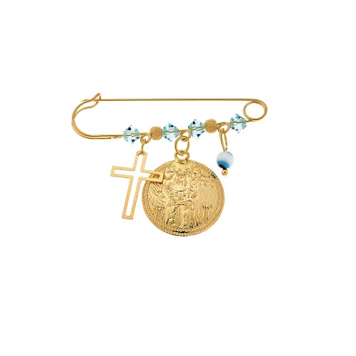 Παραμάνα SENZA κίτρινο επιχρυσωμένο ασήμι 925, στρογγυλό Κωνσταντινάτο, σταυρός, ματάκι και πέτρες - SSE0026-1BL