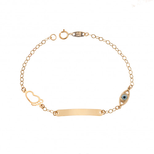 Βραχιόλι SENZA χρυσό 9Κ, ταυτότητα με πατουσάκι και μάτι - SSE0042