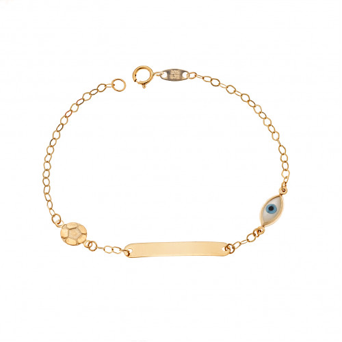 Βραχιόλι SENZA χρυσό 9Κ, ταυτότητα με μπάλα και μάτι με φίλντισι - SSE0047