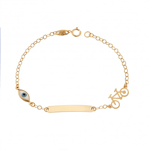 Βραχιόλι SENZA χρυσό 9Κ, ταυτότητα με ποδηλατάκι και μάτι με φίλντισι - SSE0051