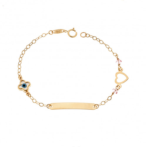 Βραχιόλι SENZA χρυσό 9Κ, ταυτότητα με καρδιά, σταυρό και μάτι με φίλντισι - SSE0052