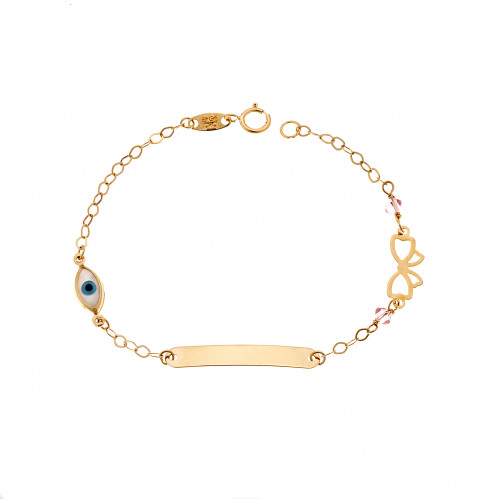 Βραχιόλι SENZA χρυσό 9Κ, ταυτότητα με φιογκάκι και μάτι με φίλντισι - SSE0053