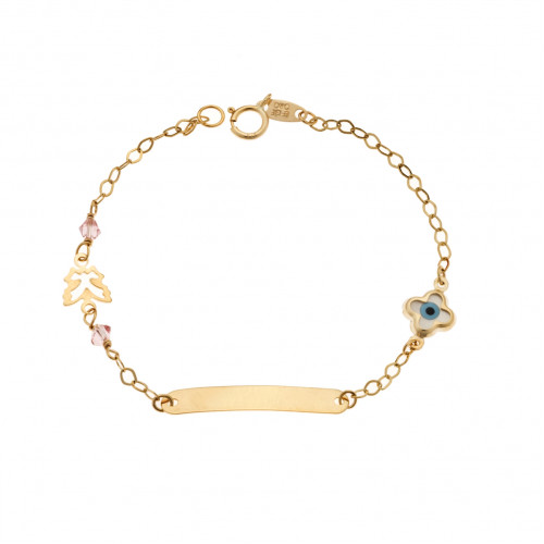 Βραχιόλι SENZA χρυσό 9Κ, ταυτότητα με πεταλούδα, σταυρό και μάτι με φίλντισι - SSE0058