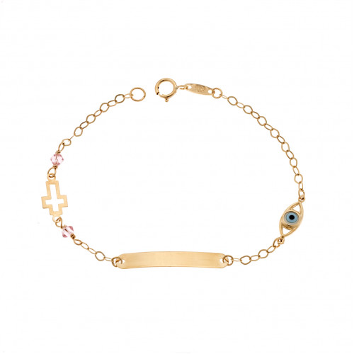 Βραχιόλι SENZA χρυσό 9Κ, ταυτότητα με σταυρό και μάτι - SSE0060