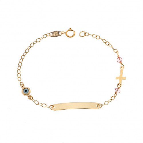 Βραχιόλι SENZA χρυσό 9Κ, ταυτότητα με σταυρό και μάτι - SSE0061