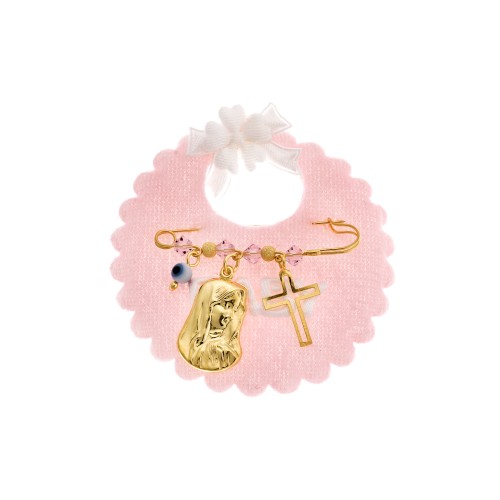 Παραμάνα SENZA κίτρινο επιχρυσωμένο ασήμι 925, Παναγίτσα, σταυρός, ματάκι και πέτρες - SSE0063PK