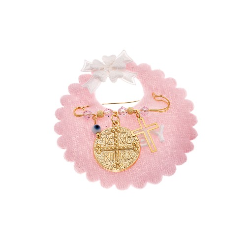 Παραμάνα SENZA κίτρινο επιχρυσωμένο ασήμι 925, στρογγυλό Κωνσταντινάτο, σταυρός, ματάκι και πέτρες - SSE0080PK