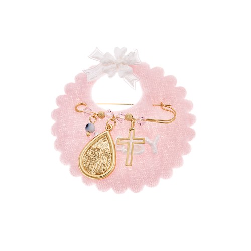 Παραμάνα SENZA κίτρινο επιχρυσωμένο ασήμι 925, σχήμα δάκρυ Παναγίτσα, σταυρός, ματάκι και πέτρες - SSE0086PK