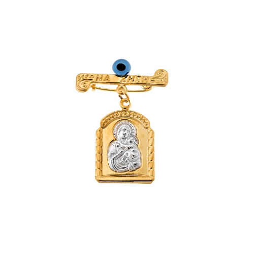 Παραμάνα SENZA επιχρυσωμένο ασήμι 925, δίχρωμη απεικόνιση με Παναγίτσα, Χριστό και ματάκι - SSE0155GD