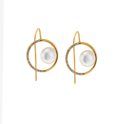 Σκουλαρίκια SENZA επιχρυσωμένο ασήμι 925, κύκλος με μαργαριτάρι και λευκά ζιργκόν - SSR4268GD