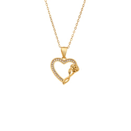 Μενταγιόν Senza από επιχρυσωμένο ασήμι 925, Περίγραμμα Καρδιάς με Ζιργκόν και Τριαντάφυλλο - SSR4317GD
