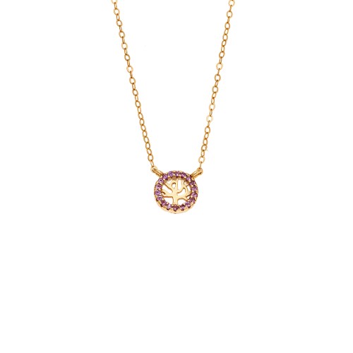 Κολιέ SENZA Δέντρο της Ζωής Gold Plated Ασήμι 925 Double Face Pink - SSR4455GPK