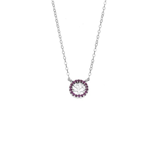 Κολιέ SENZA Δέντρο της Ζωής Rhodium Plated Ασήμι 925 Double Face Fouchsia - SSR4455SFU